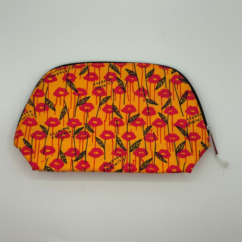 Clinique x Donald Robertson Makeup Bag Orange Pink Lips Leaf Cosmetic Pouch NWOT